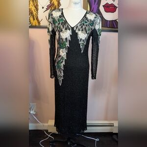 Chic Black and Green Embellished Long Sleeve Dress